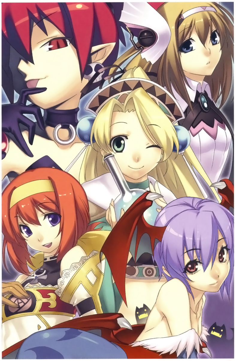 ar_tonelico ar_tonelico_i arched_back atelier_(series) atelier_marie_alchemist_of_salburg aurica_nestmile bare_shoulders bat bat_wings blonde_hair blue_eyes bottle brown_hair capcom choker cross_edge crossover disgaea earrings etna gloves green_eyes gust hairband headdress highres jewelry lilith_aensland marie_(atelier) meu multiple_girls nippon_ichi official_art pointy_ears red_eyes red_hair redhead short_hair skull spectral_(series) spectral_souls tongue vampire_(game) wings wink