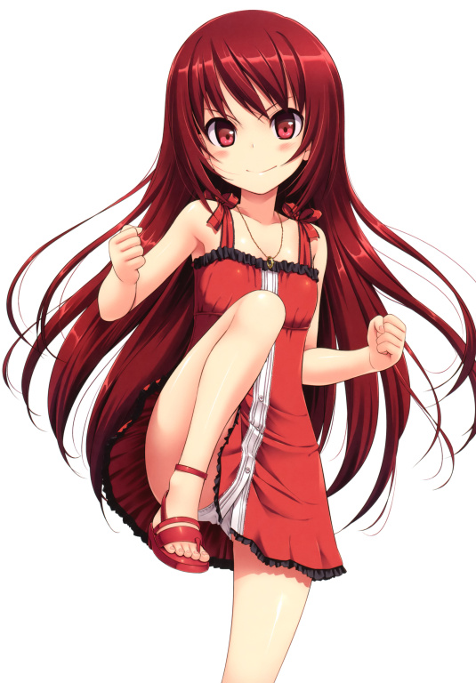 amulet armpits artist_request bare_shoulders blush character_request dress fist leg_lift long_hair minidress panties pantyshot red_dress red_eyes red_hair redhead ribbon shoes simple_background underwear very_long_hair white_background white_panties
