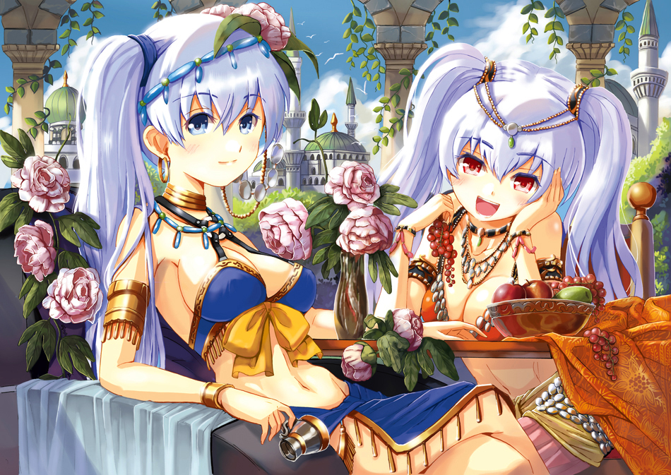 :d armlet bare_shoulders blue_eyes blue_sky blush bracelet breasts building chin_rest circlet cleavage cloud crossed_legs cup flower food fruit hair_ornament jewelry large_breasts legs_crossed long_hair looking_at_viewer multiple_girls navel neck_ring necklace open_mouth original red_eyes sideboob silver_hair sitting sky smile tubetop twintails yuu_(yuyukaikan)