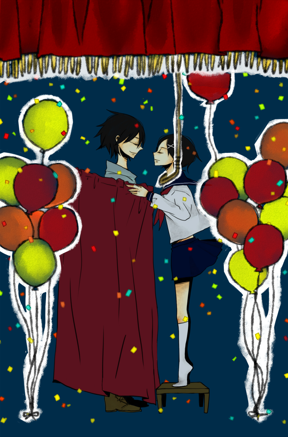 black_hair closed_eyes confetti curtains eyes_closed footstool fuura_kafuka glasses hair_ornament hairclip height_difference highres itoshiki_nozomu magic_trick noose profile rope sayonara_zetsubou_sensei school_uniform serafuku short_hair size_difference skirt tiptoes