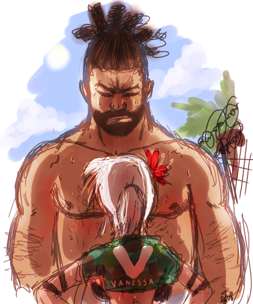 1boy 1girl backboob beard breasts chest_hair confrontation crop_top dark_skin facial_hair flower hair_flower hair_ornament hairlocs height_difference jeffry_mcwild nipples ponytail size_difference sketch vanessa_lewis virtua_fighter white_hair