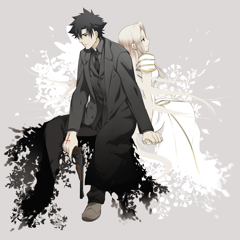 black_eyes black_hair command_spell couple dress emiya_kiritsugu facial_hair fate/stay_night fate/zero fate_(series) gun hand_holding holding_hands husband_and_wife irisviel_von_einzbern long_coat necktie red_eyes short_hair stubble thompson_contender trench_coat weapon white_hair yun_(neo)