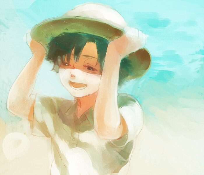 black_eyes black_hair child emiya_kiritsugu fate/stay_night fate/zero fate_(series) hastune hat male smile solo sun_hat t-shirt young