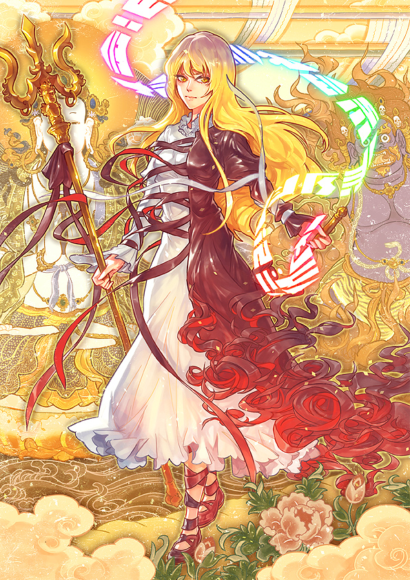 blonde_hair buddhism cloud dress flower gradient_hair hijiri_byakuren jacket long_hair momiji_gari multicolored_hair ornate purple_hair scroll shoes solo sorcerer's_sutra_scroll staff strap touhou white_dress yellow_eyes