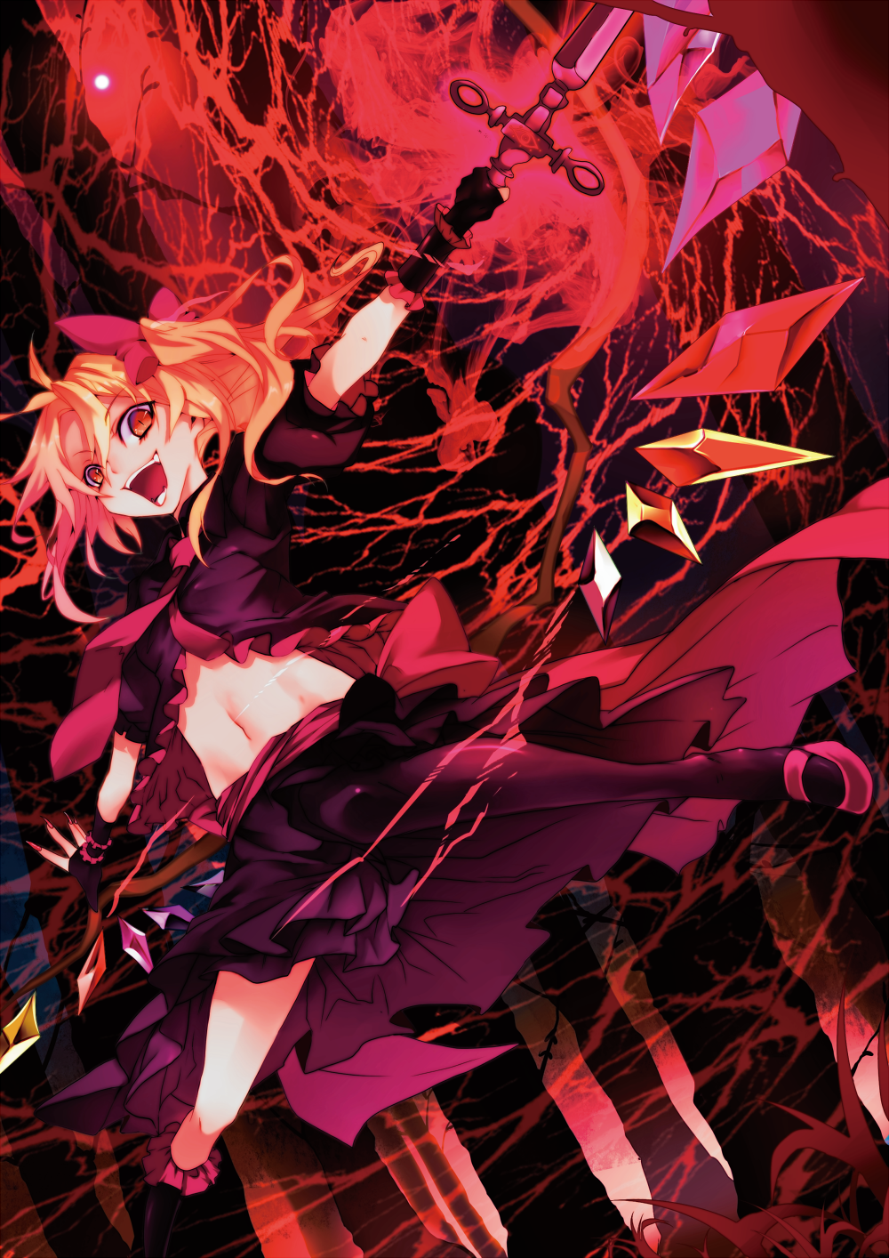alternate_costume black_legwear blonde_hair bow crazy fingerless_gloves flandre_scarlet gloves hair_bow highres karlwolf kneehighs low_wings midriff navel necktie no_hat no_headwear open_mouth orange_eyes outstretched_arms red_eyes short_hair side_ponytail skirt skirt_set solo spread_arms the_embodiment_of_scarlet_devil thigh-highs thighhighs touhou weapon wings