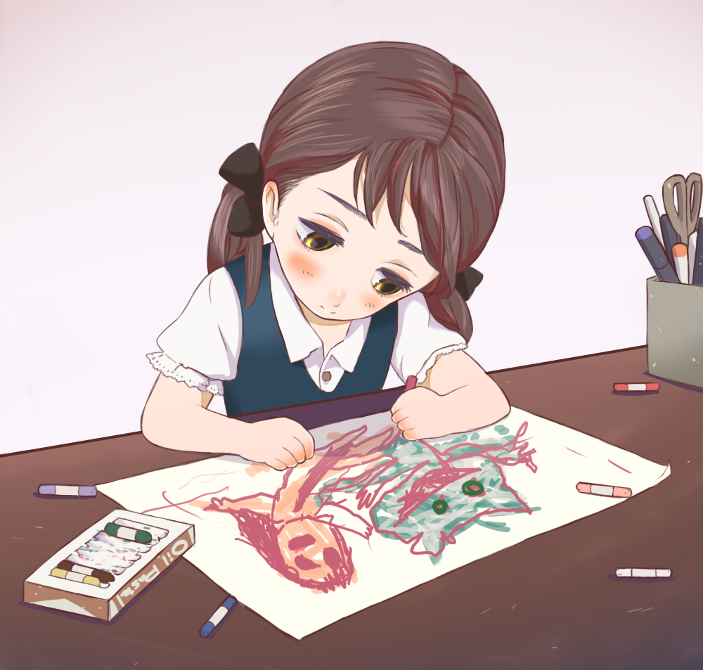 brown_hair child child_drawing commentary commentary_request crayon dachaku desk drawing hair_ribbon left-handed monster original pastels scissors solo twintails yellow_eyes