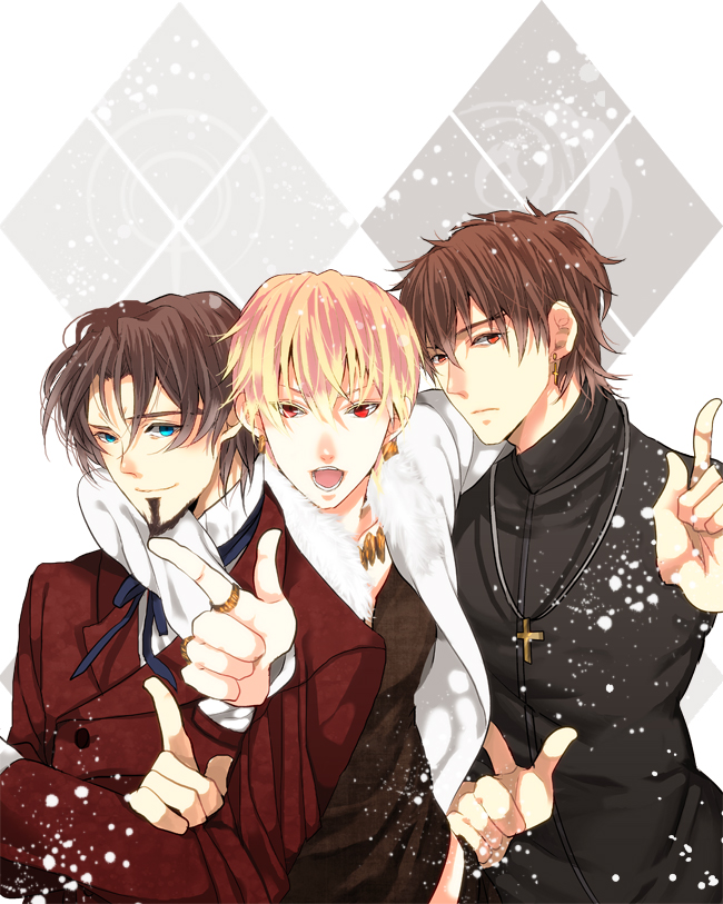 3boys bad_id blonde_hair blue_eyes brown_eyes brown_hair casual command_spell cross earrings facial_hair fate/stay_night fate/zero fate_(series) formal gilgamesh goatee jewelry kotomine_kirei male multiple_boys necklace pointing red_eyes ring short_hair suit tohsaka_tokiomi toosaka_tokiomi