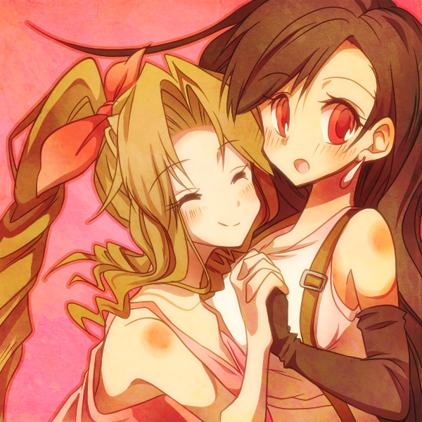 2girls aerith_gainsborough atom_(@tom) bad_id black_gloves black_hair blush brown_hair dress earrings elbow_gloves female final_fantasy final_fantasy_vii gloves hand_holding happy holding_hands jewelry long_hair multiple_girls open_mouth ponytail red_eyes red_ribbon ribbon simple_background smile suspenders tank_top tanktop tifa_lockhart