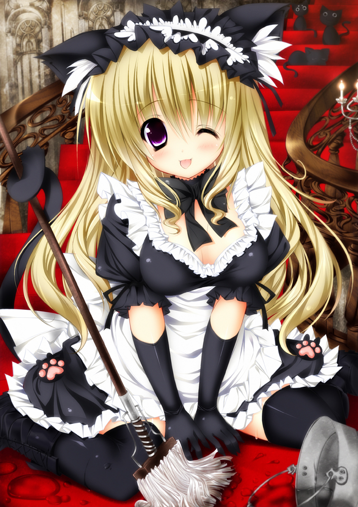 animal_ears apron black_dress black_legwear blonde_hair breasts bucket cat cat_ears cat_tail cleavage dress elbow_gloves gloves long_hair maid mop ojitcha original purple_eyes ribbon_choker sitting smile stairs tail thigh-highs thighhighs tongue tongue_out v_arms violet_eyes wink zettai_ryouiki