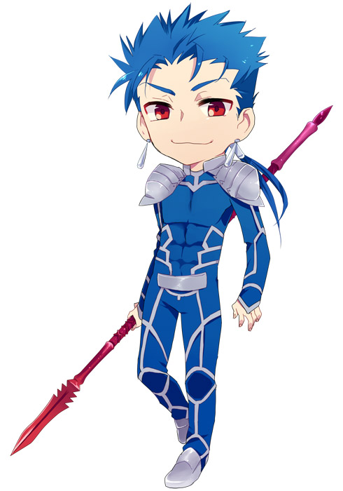 blue_hair bodysuit dameaki earrings fate/stay_night fate_(series) gae_bolg jewelry lancer long_hair male polearm ponytail red_eyes solo spear weapon