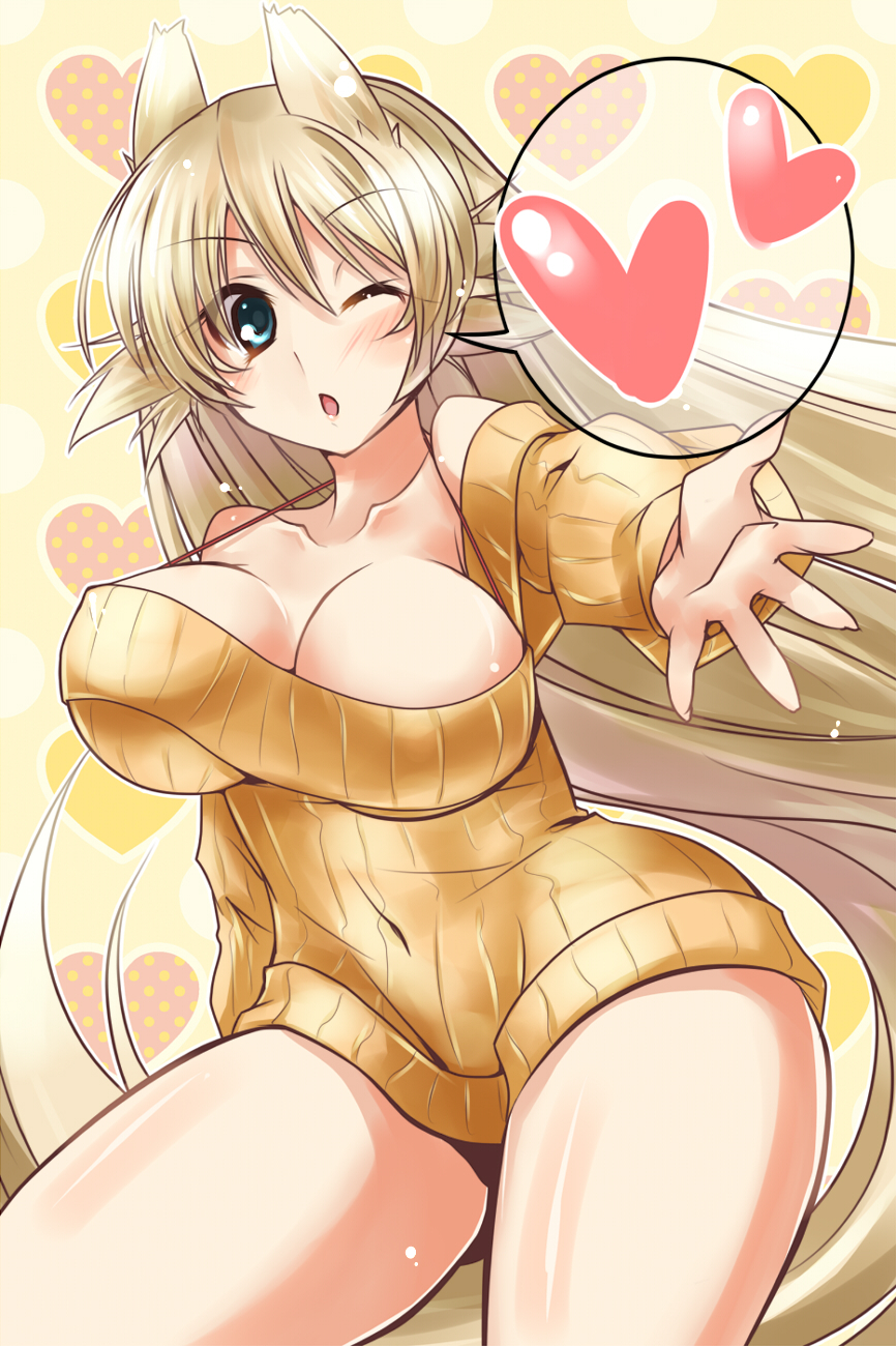 1girl aqua_eyes bare_shoulders blonde_hair bottomless breasts cleavage curvy female fox_ears heart highres hips large_breasts long_hair mound_of_venus naked_sweater navel ninetales paopao personification pokemon reaching_out solo sweater thighs very_long_hair wide_hips wink