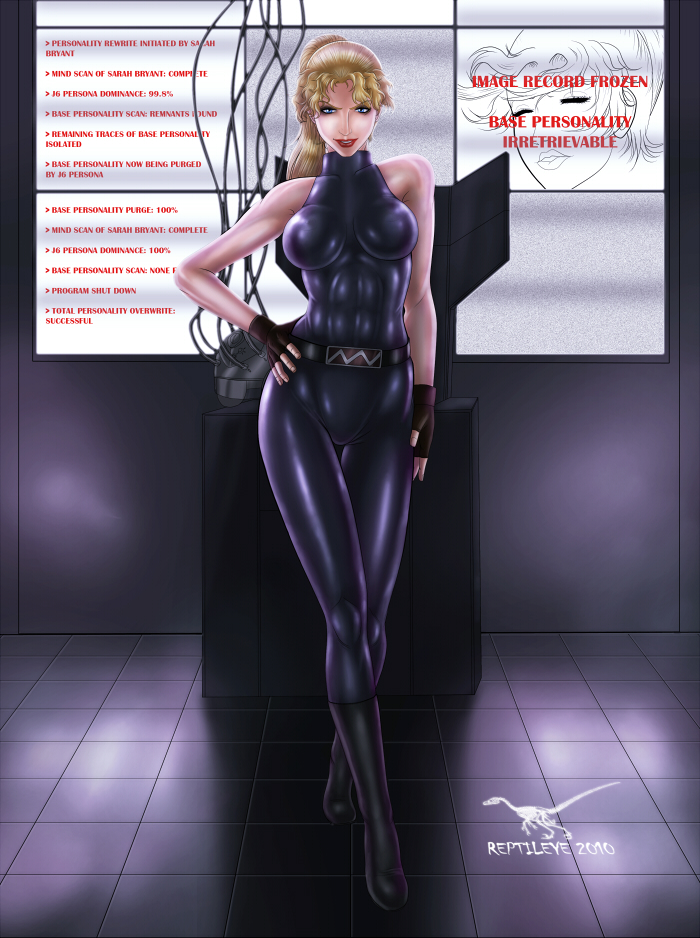1girl abs bare_shoulders blonde_hair blue_eyes bodysuit boots breasts crossed_legs_(standing) fingerless_gloves gloves halterneck hand_on_hip hips large_breasts lips lipstick monitor monitor_light ponytail sarah_bryant solo toned virtua_fighter