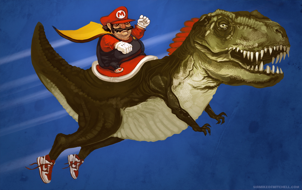 cape dinosaur dinosaur_riding facial_hair fat gloves hat mario mike_mitchell mustache nike nintendo overalls riding shoes sneakers super_mario_bros. super_mario_world teeth watermark web_address what yoshi