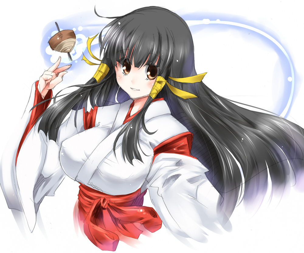 black_hair breasts brown_eyes female hair_intakes hair_ornament japanese_clothes kasuga_maori large_breasts long_hair miko paopao simple_background sketch solo spinning_top upper_body