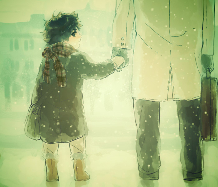 black_hair boots child emiya_kiritsugu fate/stay_night fate/zero fate_(series) hand_holding hastune holding_hands male scarf snow snowing suitcase winter_clothes young