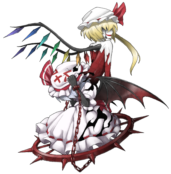 &gt;_&lt; :x bare_shoulders bat_wings blonde_hair blue_hair bow chain chains cowering cuffs dress expressive_clothes flandre_scarlet hat hat_bow lavender_hair mazeran multiple_girls persona red_dress remilia_scarlet siblings side_ponytail sisters smirk spikes touhou transparent_background vampire wheel white_dress wings