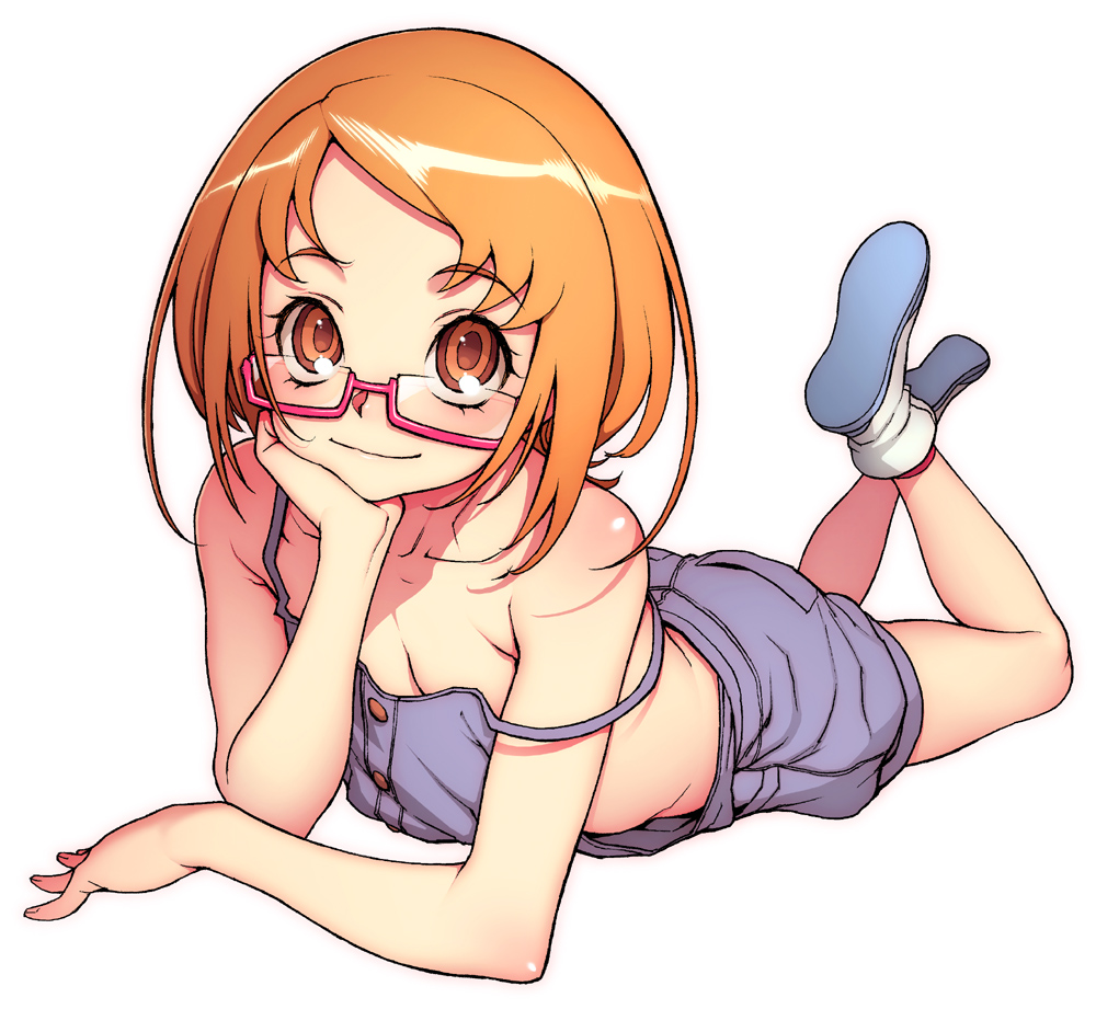 adapted_costume blush chin_rest glasses hijiri_rei light_smile looking_at_viewer lying lying_on_stomach naked_overalls no_bra off_shoulder on_stomach orange_eyes orange_hair overalls pink-framed_glasses precure shirabe_ako short_hair simple_background smile solo strap_slip suite_precure suspenders white_background