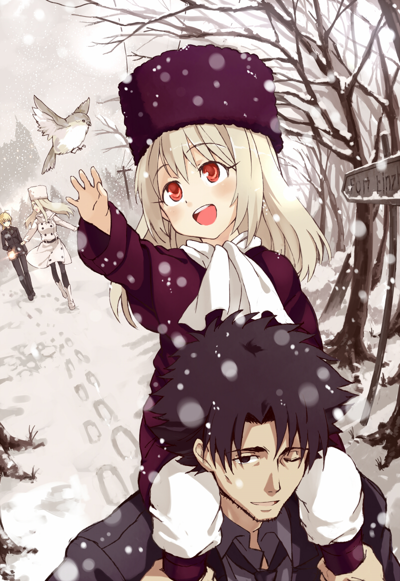 3girls age_difference alongriver bird black_hair boots carrying coat daughter dutch_angle emiya_kiritsugu facial_hair family fate/stay_night fate/zero fate_(series) father father_and_daughter footprints formal from_above fur_hat hat illyasviel_von_einzbern irisviel_von_einzbern long_hair mother multiple_girls pant_suit pantyhose red_eyes saber shoulder_carry snow snowing stubble suit ushanka white_hair wink