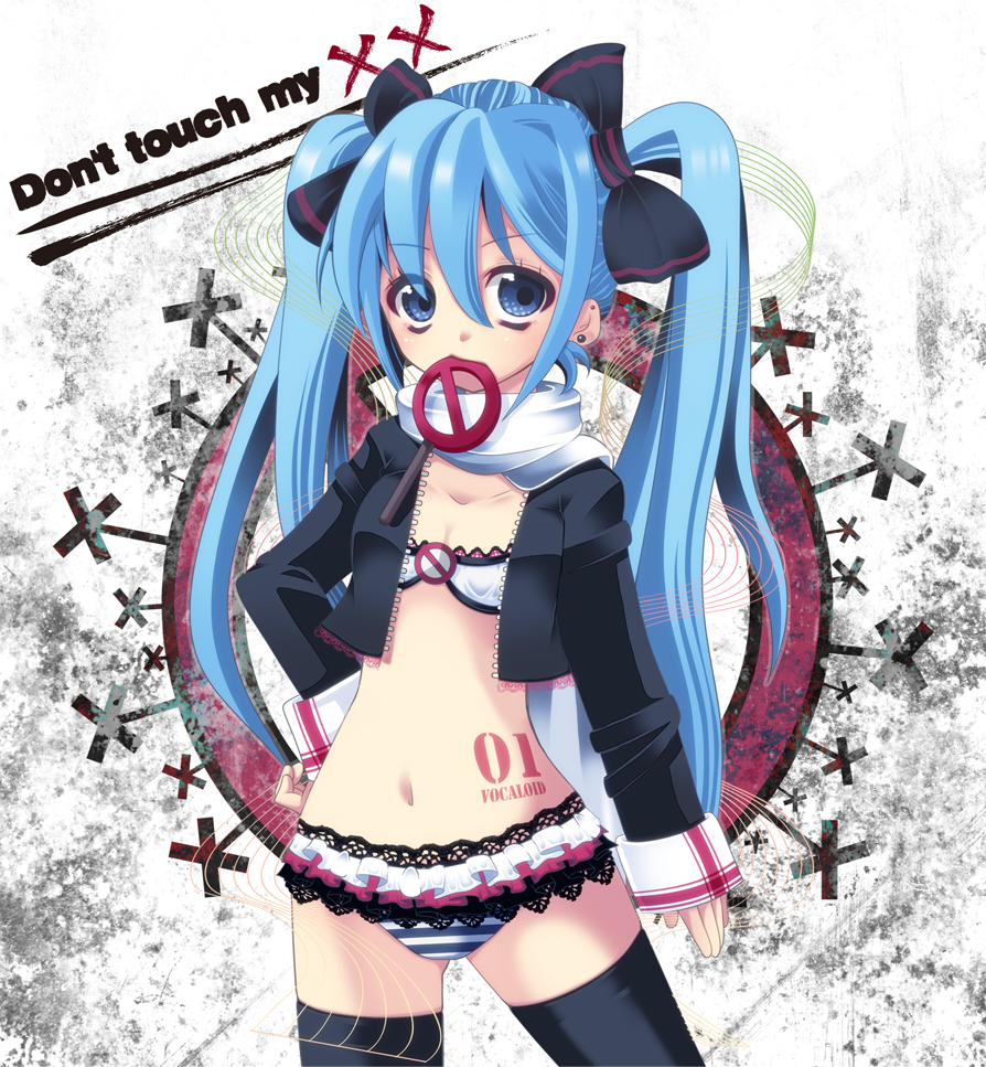 blue_eyes blue_hair bra earrings hair_ribbon hand_on_hip hatsune_miku hips jacket jewelry kazahana lace-trimmed_panties lingerie long_hair mouth_hold navel no_pants panties ribbon scarf solo striped striped_panties tattoo thigh-highs thighhighs twintails underwear very_long_hair vocaloid