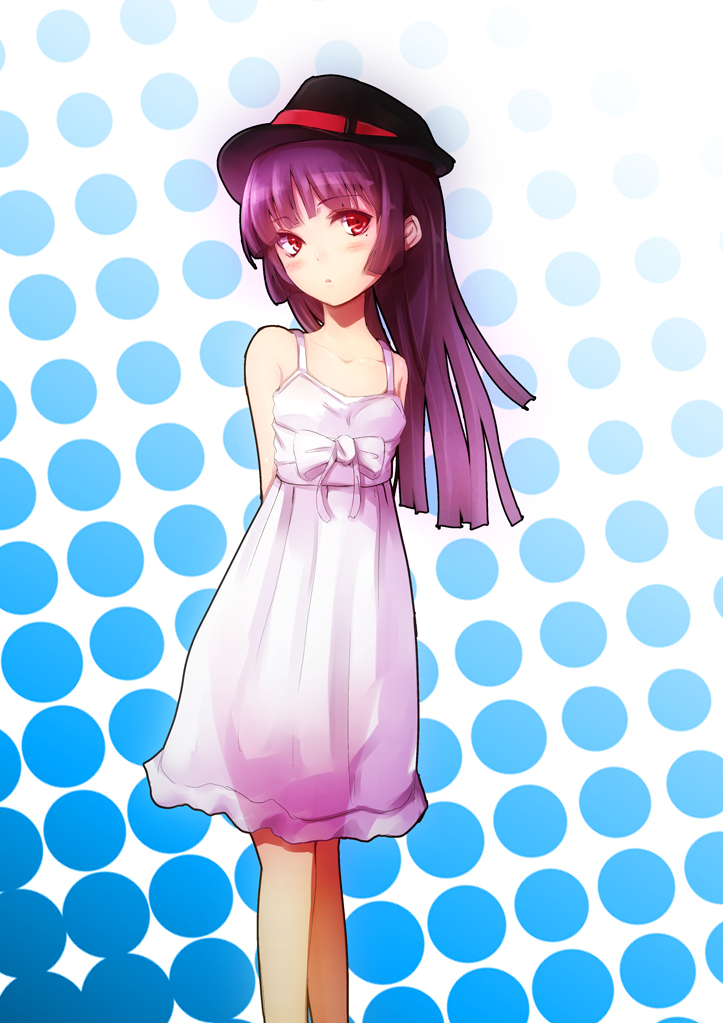 arms_behind_back dress gokou_ruri halftone halftone_background hat long_hair mole nuko-d ore_no_imouto_ga_konna_ni_kawaii_wake_ga_nai porkpie_hat purple_hair red_eyes see-through solo sundress