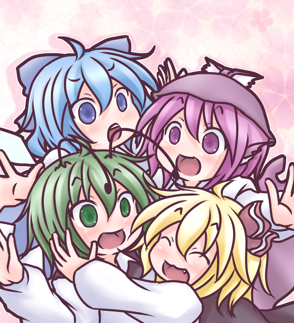 4girls ahoge antennae blonde_hair blue_eyes blue_hair bow cherry_blossoms cirno closed_eyes fang floral_background green_eyes green_hair group_hug hair_bow hair_ribbon hat hug incipient_hug long_sleeves multiple_girls mystia_lorelei open_mouth outstretched_arms purple_hair ribbon rumia short_hair spread_arms takanoru team_9 touhou violet_eyes wings wriggle_nightbug