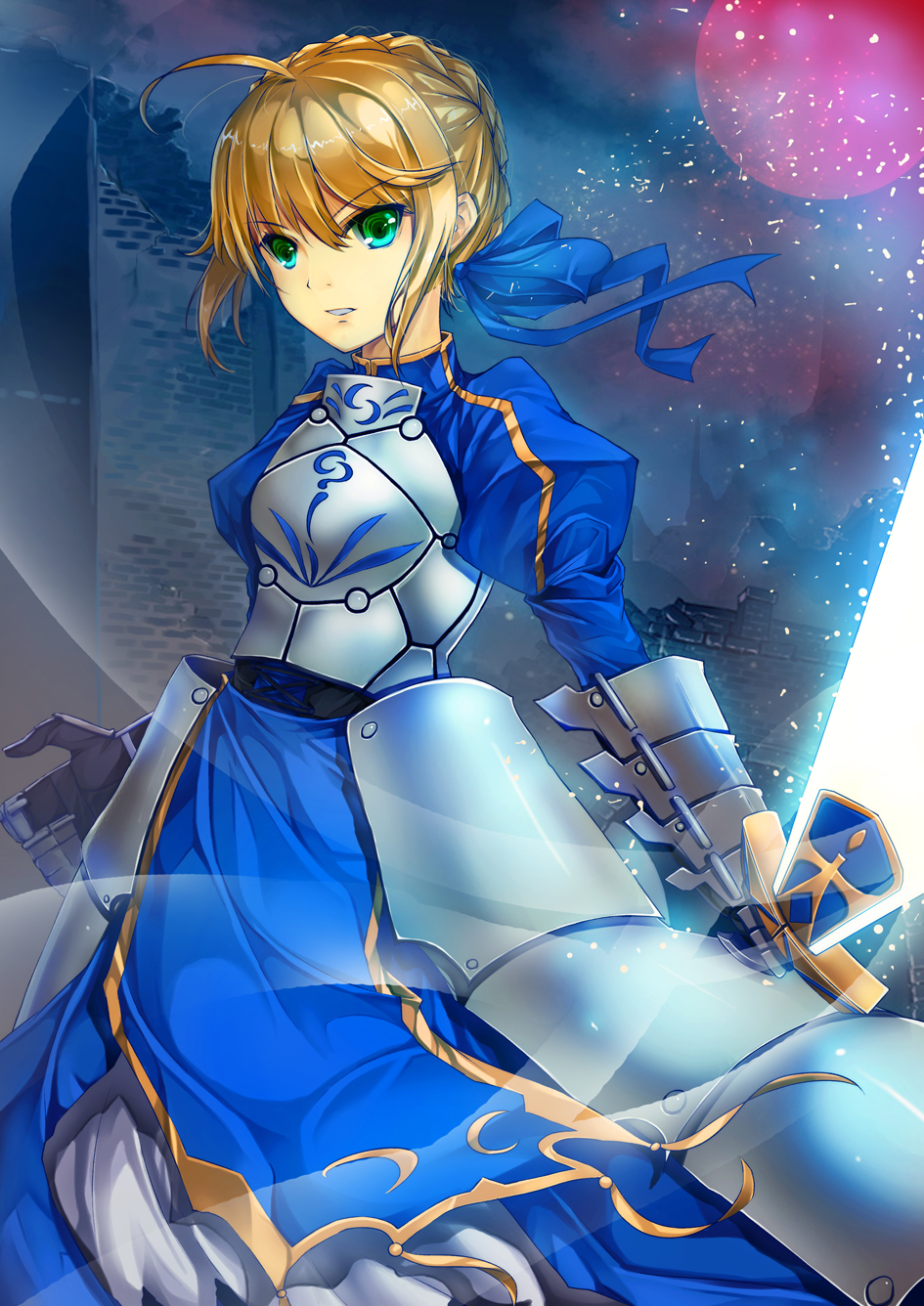 ahoge armor armored_dress blonde_hair blue_dress braid breastplate building dress excalibur fate/stay_night fate/zero fate_(series) faulds french_braid full_moon gauntlets glowing glowing_weapon green_eyes hair_bun hair_ribbon highres moon night open_mouth puffy_sleeves red_moon ribbon saber short_hair sola_(sola04) solo sword weapon