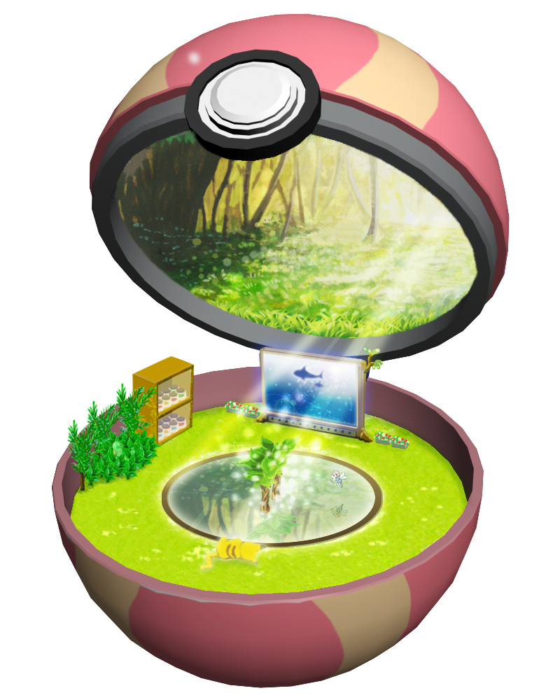 cabinet fairy flower forest grass heal_ball leaf minimized nature no_humans open_poke_ball pikachu plant poke_ball pokemon pokemon_(creature) ruun_(abcdeffff) sunlight television tree water