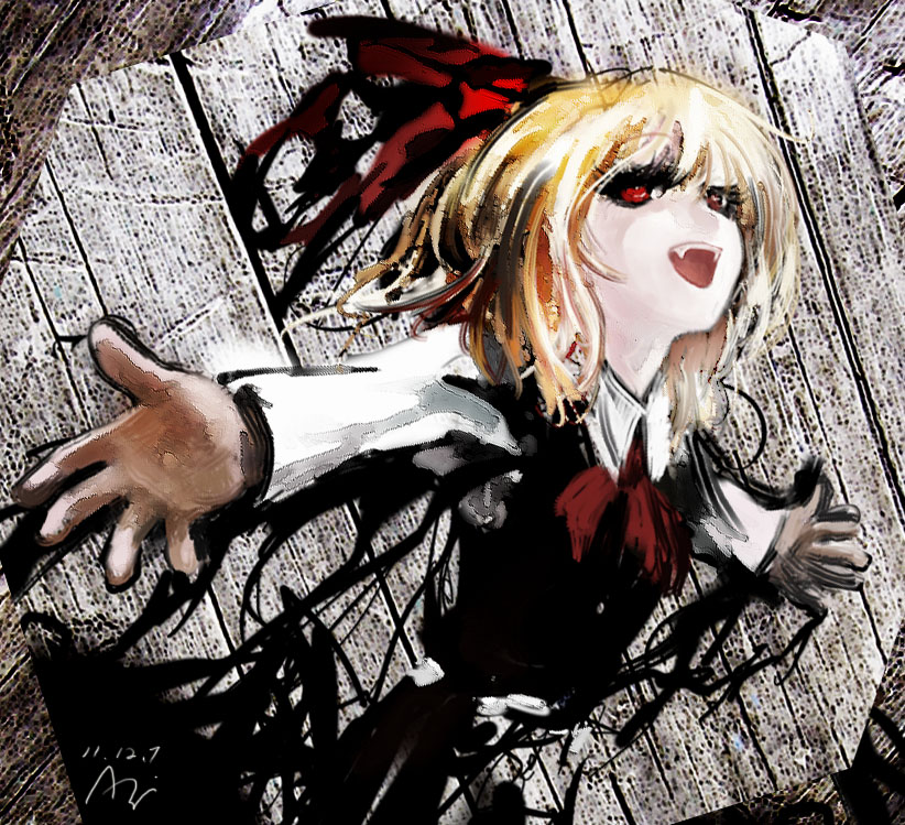:d azzie_(az_man_studios) blonde_hair bow fang hair_bow hair_ornament open_mouth outstretched_arms red_eyes rumia smile solo teeth the_embodiment_of_scarlet_devil touhou youkai