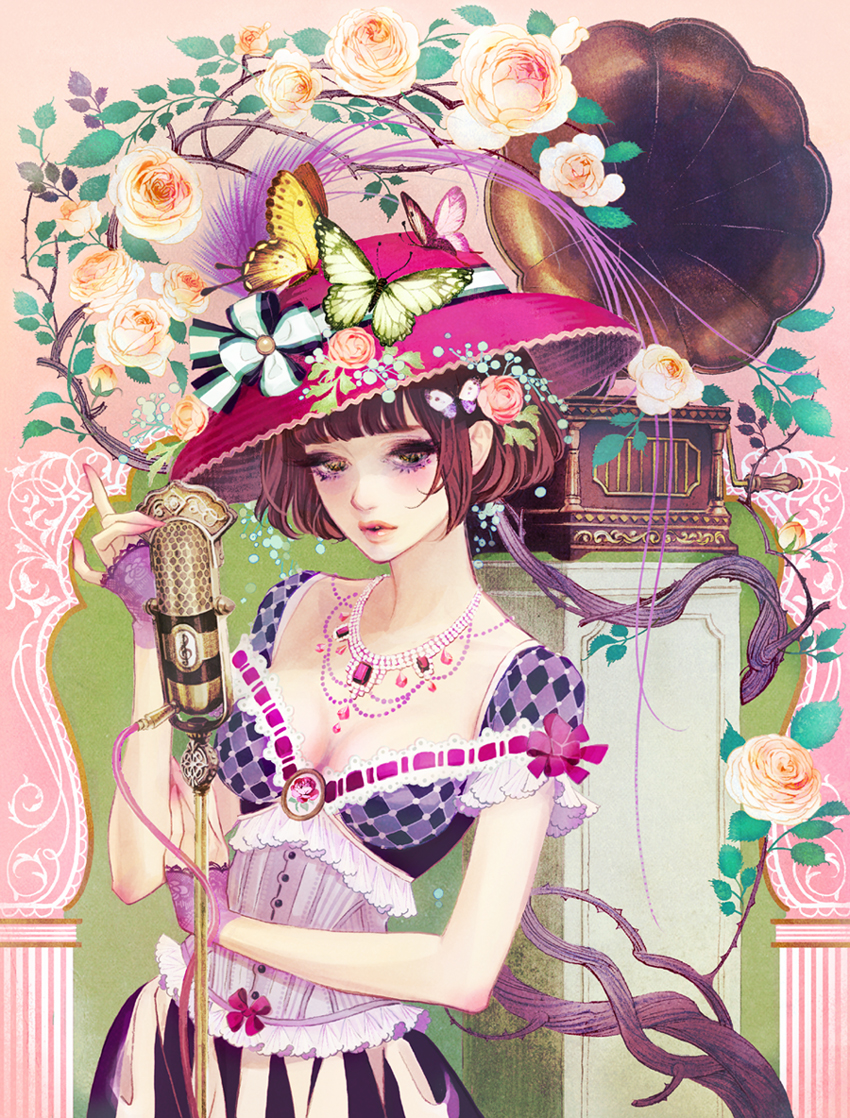 bow butterfly flower frills hair_flower hair_ornament hat lace matsuo_hiromi microphone original phonograph solo