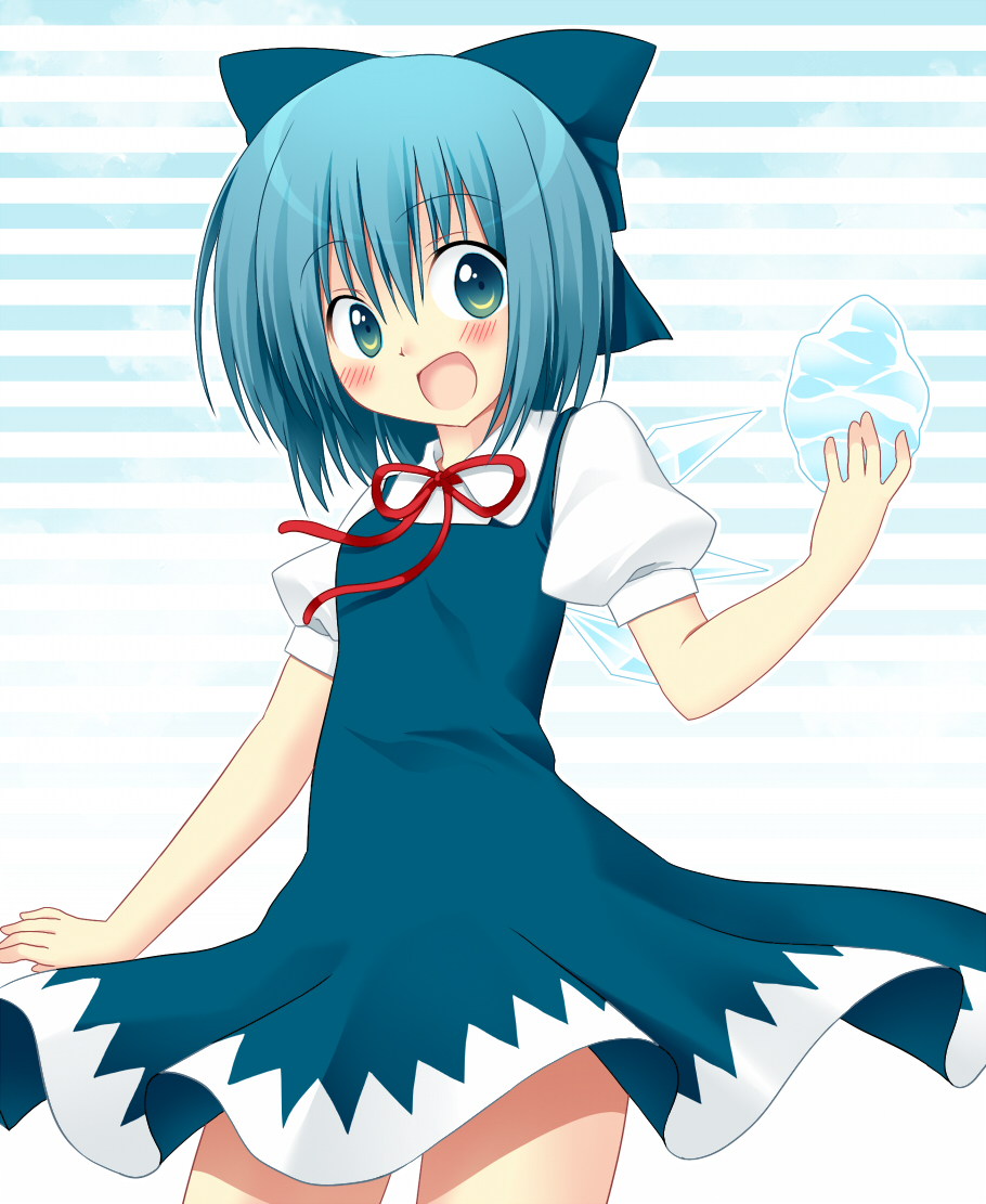 blue_eyes blue_hair bow cirno dress hair_bow holding ice neck_ribbon oniku-chan open_mouth ribbon short_hair smile solo striped striped_background touhou wings