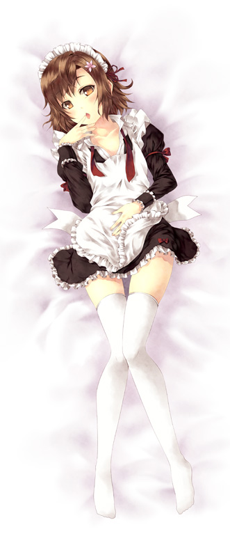 boku_wa_tomodachi_ga_sukunai brown_eyes brown_hair cosplay dakimakura flower hair_flower hair_ornament kouji_(campus_life) kusunoki_yukimura long_image lying maid maid_headdress open_mouth short_hair solo tall_image thigh-highs thighhighs