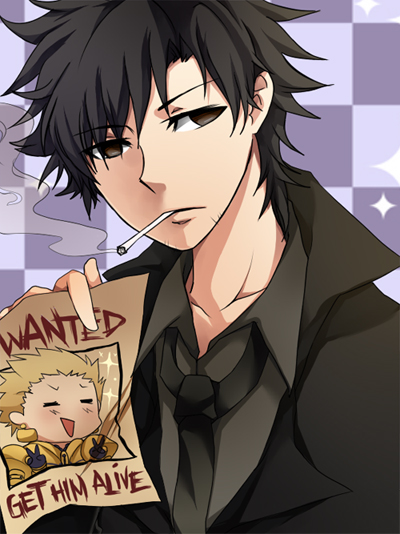 1boy =_= artist_request black_hair blonde_hair brown_eyes checkered checkered_background cigarette double_v emiya_kiritsugu english facial_hair fate/stay_night fate/zero fate_(series) gilgamesh necktie poster solo sparkle stubble v wanted_poster