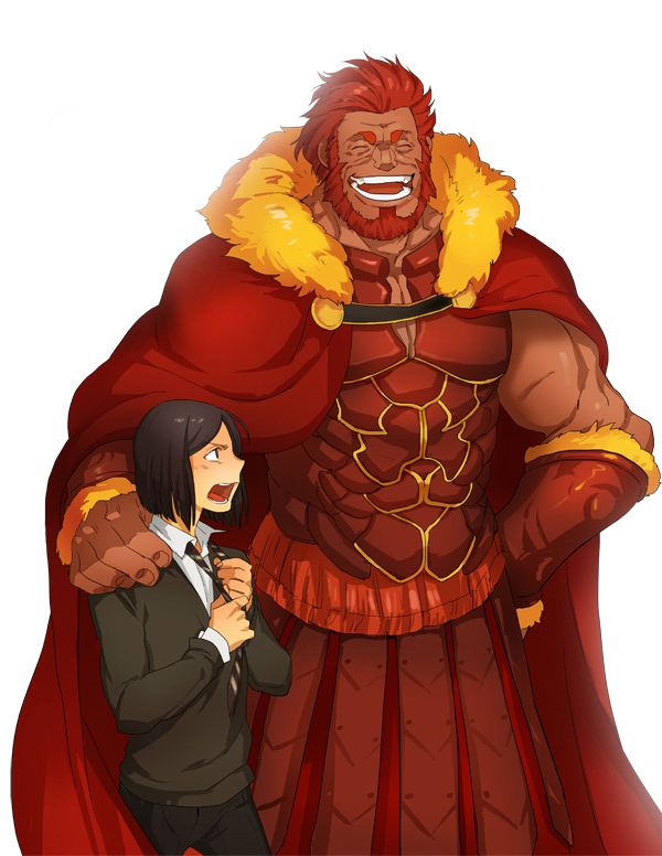 armor beard black_hair cape facial_hair fate/stay_night fate/zero fate_(series) hand_on_shoulder laughing male multiple_boys necktie red_hair redhead rider_(fate/zero) short_hair size_difference spzhsla waver_velvet