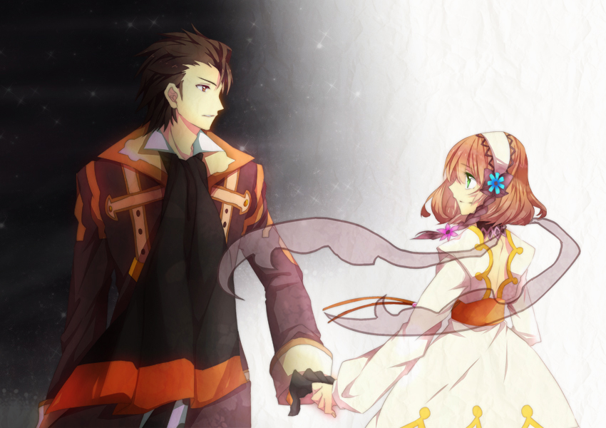 1girl alvin_(tales_of_xillia) ayatsuji_mia black_&amp;_white black_vs_white brown_eyes brown_hair coat cravat green_eyes hairband hand_holding holding_hands leia_roland serious short_hair tales_of_(series) tales_of_xillia