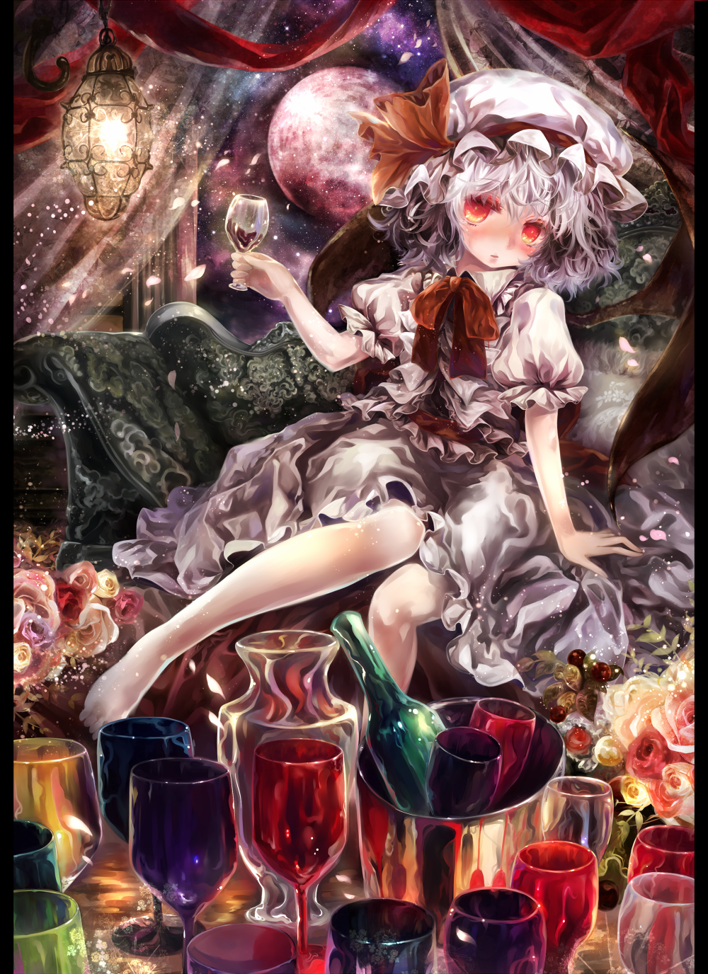 afraco bare_legs barefoot bat_wings blush bottle bow couch cup feet flower full_moon hat highres lamp moon petals pillarboxed red_eyes red_moon remilia_scarlet rose sash shirt silver_hair sitting skirt skirt_set solo touhou window wine wine_glass wings