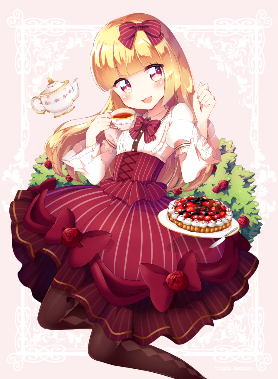 1girl :3 bangs blonde_hair blunt_bangs blush bow brown_eyes cup dress hair_bow highres hime_cut knife kzom lolita_fashion long_hair original pantyhose pastry plate smile solo tea teacup teapot