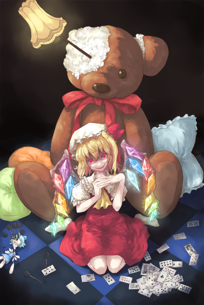 ascot blonde_hair card character_doll checkered checkered_floor cirno crazy_eyes crazy_smile damaged dart doll flandre_scarlet hakurei_reimu hands_clasped hat head_tilt highres izayoi_sakuya mumulatte open_mouth patchouli_knowledge pillow poker red_eyes remilia_scarlet ribbon shaded_face short_hair side_ponytail sitting skirt skirt_set smile solo stuffed_animal stuffed_toy teddy_bear the_embodiment_of_scarlet_devil touhou wariza wings yakumo_yukari