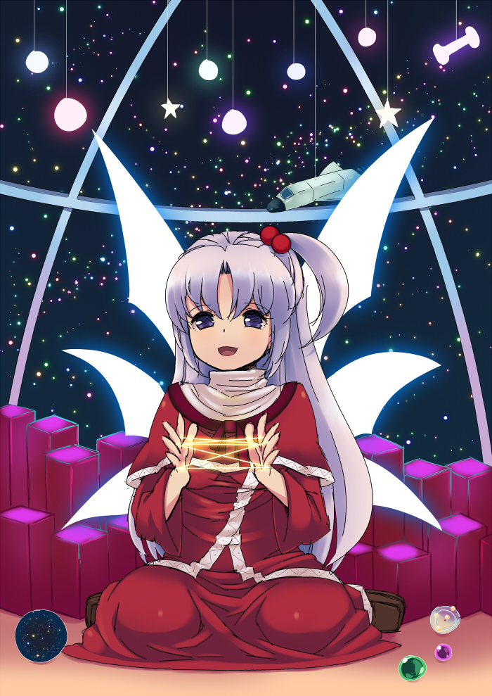 :d ball blue_eyes cat's_cradle cutting_(mkjtl) goddess hair_bobbles hair_ornament lavender_hair long_hair marble open_mouth shinki side_ponytail sitting sky smile solo star_(sky) starry_sky touhou turtleneck wariza wings