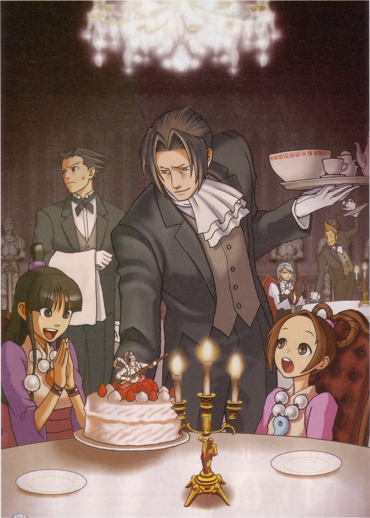 &gt;:&lt; 3girls ^_^ alternate_costume annoyed arm_up armor ayasato_harumi ayasato_mayoi bangs black_eyes black_gloves black_hair blue_hair blunt_bangs bowl bowtie bracelet brown_eyes brown_hair cake candle capcom chandelier child closed_eyes cousins cravat cup edayan facial_hair fire food formal fruit gloves goatee grey_eyes gyakuten_saiban hair_intakes hair_rings hands_together happy japanese_clothes jewelry karuma_mei leaning_forward long_hair long_sleeves looking_away looking_up magatama mitsurugi_reiji multiple_boys multiple_girls naruhodou_ryuuichi necklace official_art open_mouth pants plate puffy_sleeves short_hair sitting smile spiked_hair spilling strawberry suit sweat sword table tea_set teacup teapot teeth topknot tuxedo waiter weapon whip white_gloves yahari_masashi