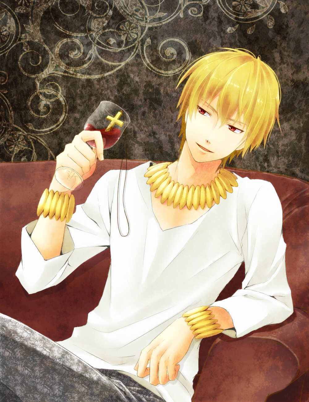 blonde_hair bracelet casual couch cross crossed_legs fate/stay_night fate/zero fate_(series) gilgamesh highres jewelry kanade_(reveryearth) legs_crossed male necklace red_eyes short_hair sitting solo wine