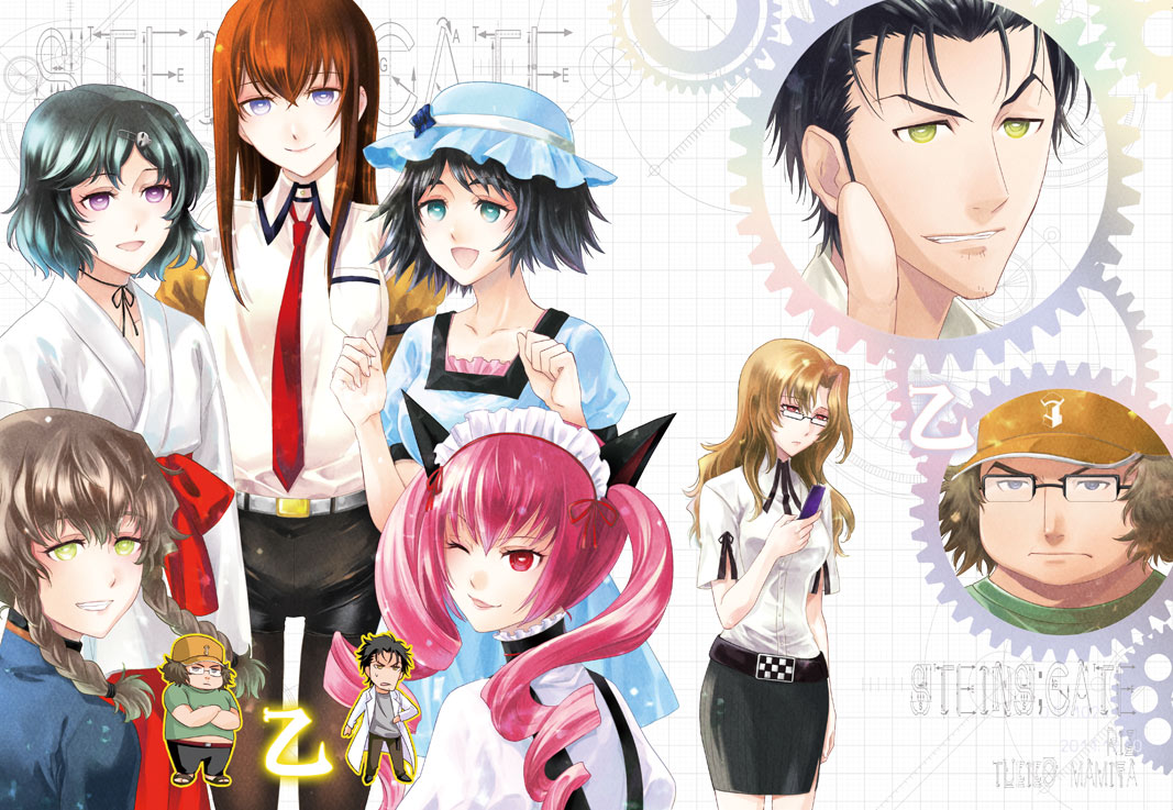 6+girls amane_suzuha animal_ears baseball_cap belt bike_shorts black_hair blush braid brown_hair cap cat_ears cellphone chibi collarbone cover everyone faris_nyannyan fat gears glasses green_eyes hair_ornament hairpin hashida_itaru hat hat_ribbon jacket japanese_clothes kiryuu_moeka labcoat long_hair long_skirt long_sleeves mad_scientist maid maid_headdress makise_kurisu mamiya_t miko multiple_boys multiple_girls necktie off_shoulder okabe_rintarou open_eyes open_mouth ornament pants pantyhose pen phone pink_hair pocket pose purple_eyes red_eyes red_hair redhead ribbon scientist shiina_mayuri short_hair shorts skirt skull slippers smile steins;gate t-shirt thigh-highs thighhighs track_jacket trap twin_braids twintails uniform urushibara_luka urushibara_ruka violet_eyes wink yamahoshi