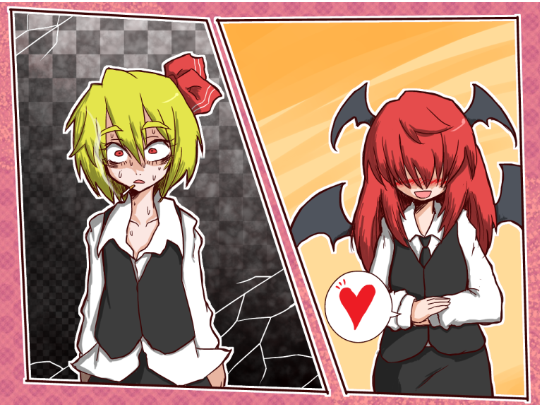:&lt; :d adult ascot bags_under_eyes bat_wings blonde_hair blush broken cat-ma checkered checkered_background cigarette collarbone constricted_pupils dress_shirt dropping eyebrows eyelashes gradient gradient_background hair_over_eyes hand_on_stomach hands_on_stomach happy head_wings heart koakuma long_hair long_sleeves multiple_girls open_mouth red_hair redhead rumia shirt short_hair skirt skirt_set smile split_screen spoken_heart sweat the_embodiment_of_scarlet_devil thick_eyebrows touhou unbuttoned untucked v vest wings youkai