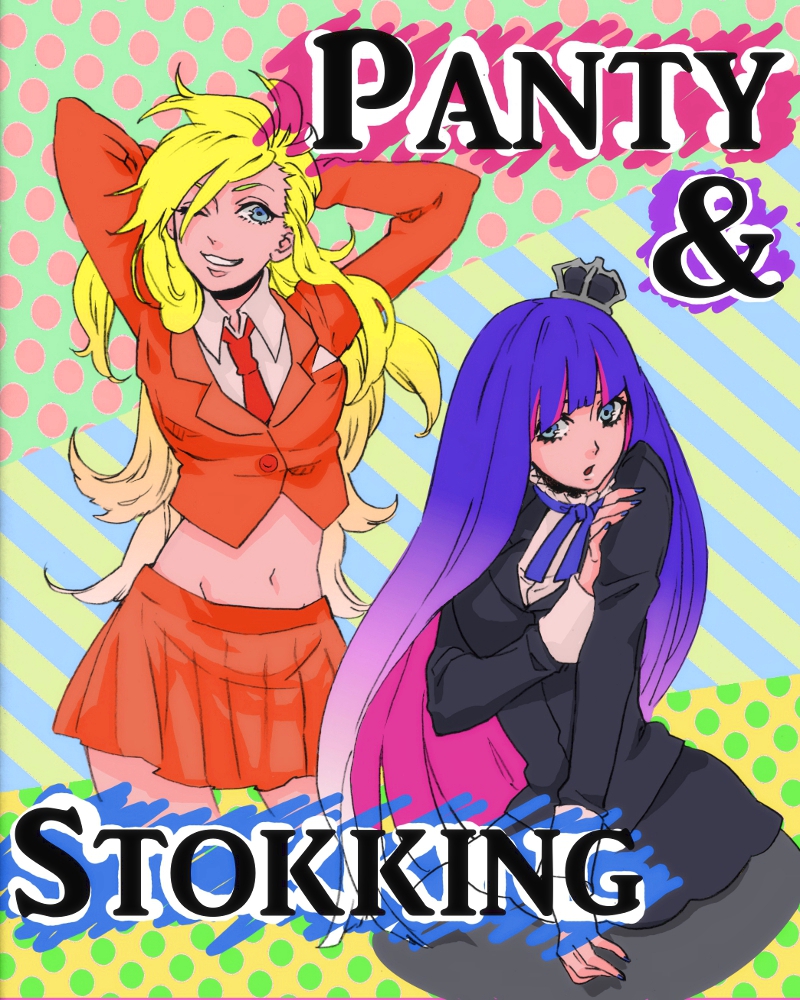 arms_behind_head arms_up blazer character_name crown den_(0nov25) engrish multiple_girls navel necktie panty_&amp;_stocking_with_garterbelt panty_(character) panty_(psg) ranguage skirt stocking_(character) stocking_(psg) wink