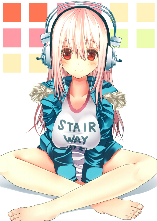 artist_request breasts headphones impossible_clothes impossible_clothing impossible_shirt indian_style jacket large_breasts long_hair looking_at_viewer nitroplus pink_hair red_eyes reko_(torinegi) shirt sitting sonico source_request super_sonico torinegimiso v_arms white_background