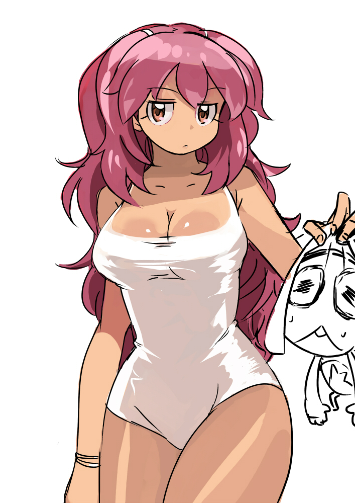 adult bracelet breasts casual_one-piece_swimsuit cleavage flat_gaze frog hat hinata_natsumi jewelry keroro keroro_gunsou large_breasts long_hair long_hsir nekogasuki one-piece_swimsuit pink_hair red_eyes short_twintails sketch star swimsuit tan taut_swimsuit twintails