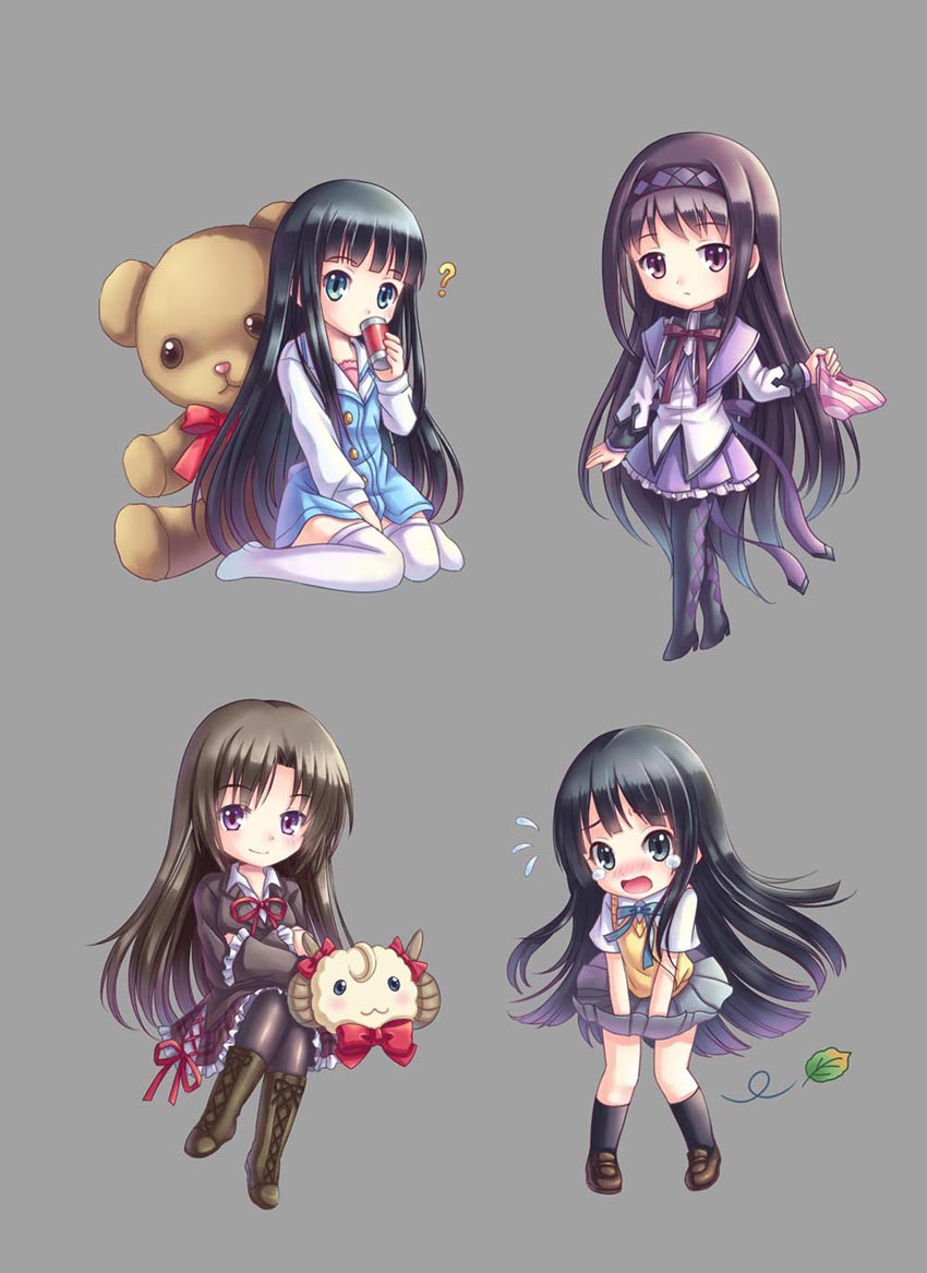 ? akaba_chizuru akemi_homura akiyama_mio argyle argyle_legwear bad_id black_hair boots crossed_legs crossover grey_background k-on! kami-sama_no_memo-chou kamisama_no_memochou leaf loafers long_hair look-alike mafelili magical_girl mahou_shoujo_madoka_magica multiple_girls panties pantyhose seitokai_no_ichizon shionji_yuuko shoes simple_background sitting skirt skirt_tug smile stuffed_animal stuffed_toy sweater_vest tears teddy_bear underwear uniform