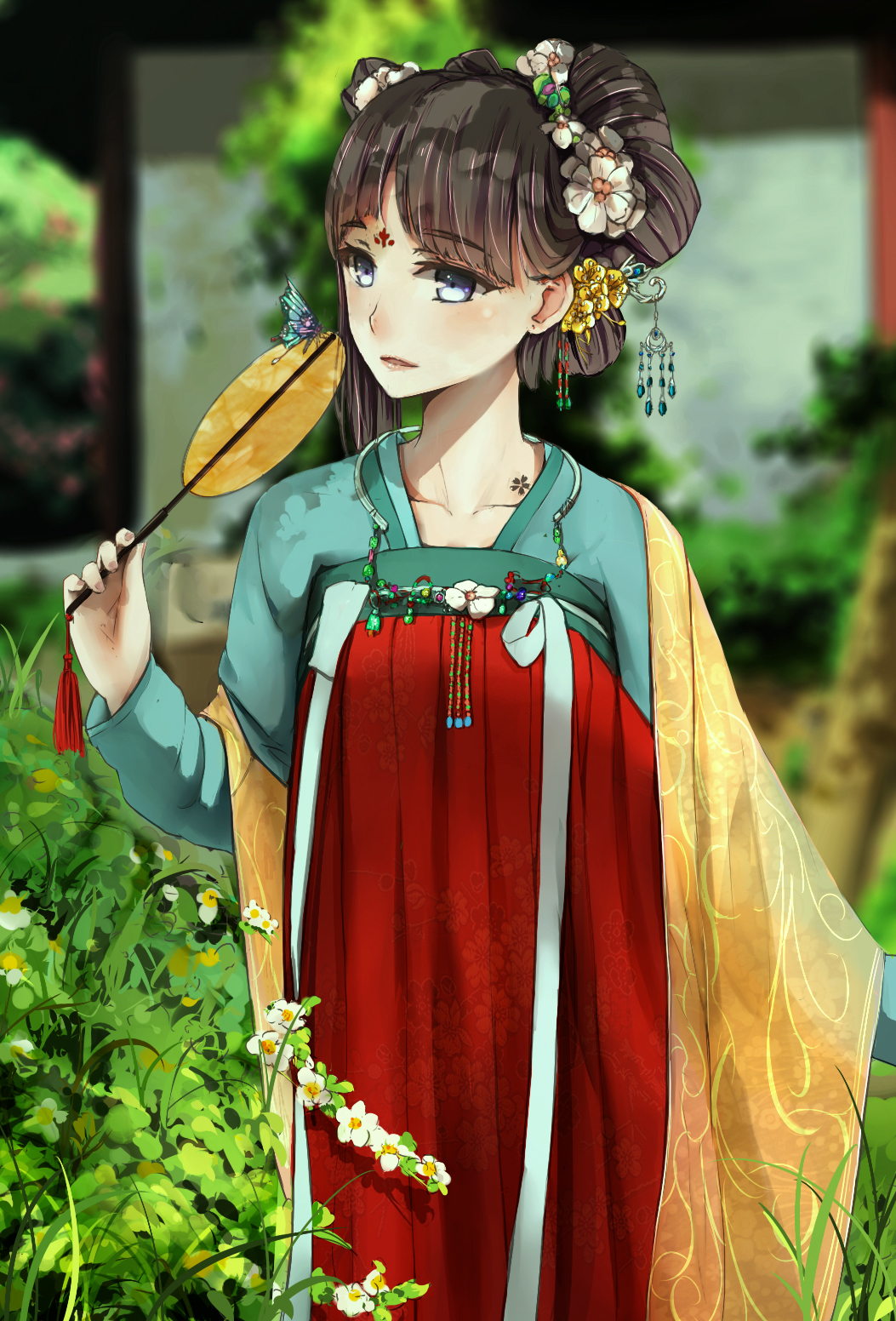 1girl black_hair blue_eyes butterfly chinese_clothes flower highres magicians_(zhkahogigzkh) original tattoo traditional_clothes