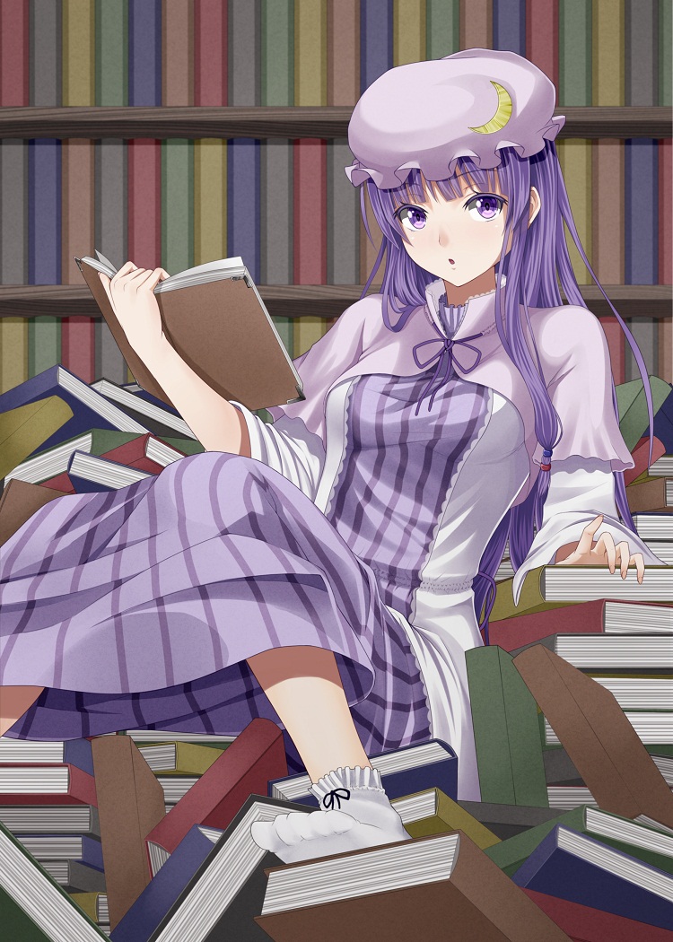 :o book book_focus book_stack bookshelf crescent dress hat heisei_yutorin long_hair patchouli_knowledge purple_eyes purple_hair sitting solo touhou violet_eyes white_legwear