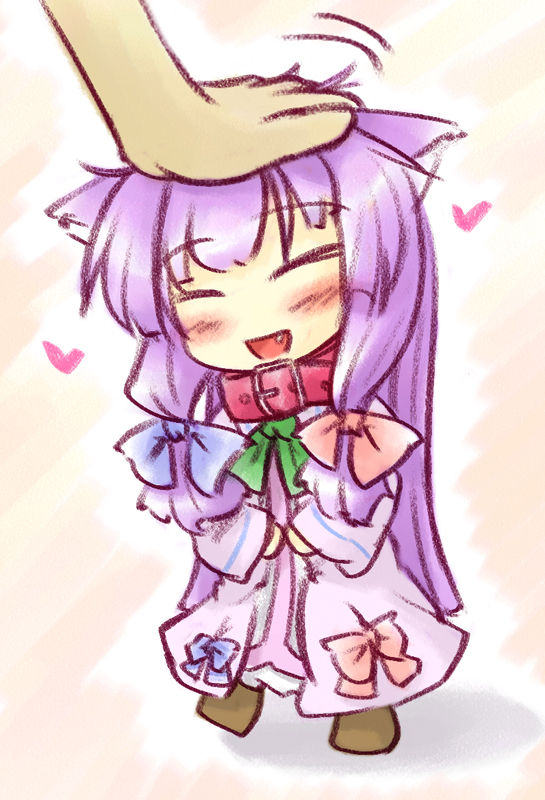 animal_ears blush cat_ears catgirl closed_eyes collar eyes_closed fang heart minigirl natsuki_(silent_selena) open_mouth patchouli_knowledge pet_the_catgirl petting purple_hair solo touhou