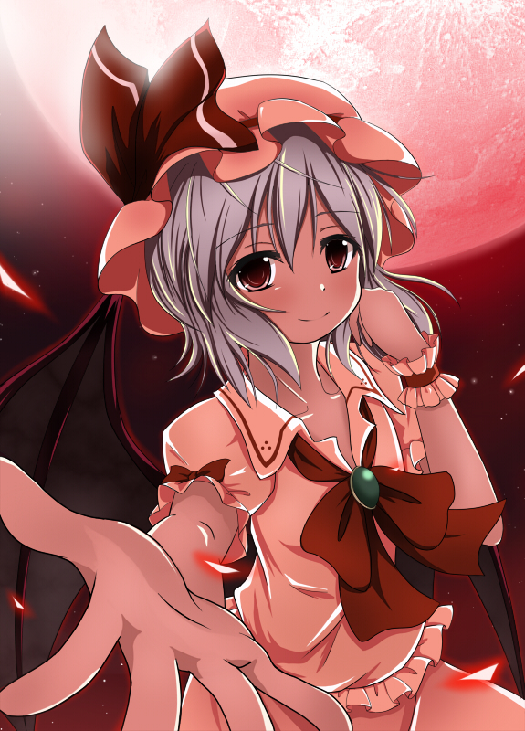 adjusting_hair bat_wings blush brooch full_moon hat hat_ribbon jewelry lavender_hair moon outstretched_arm outstretched_hand red red_eyes red_moon remilia_scarlet ribbon short_hair smile solo tera-gateway touhou wings wrist_cuffs
